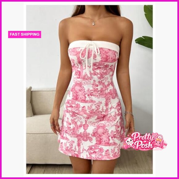 Tube Mini Dress Floral Print Tie Front Strapless Sleeveless Summer - Picture 4 of 7